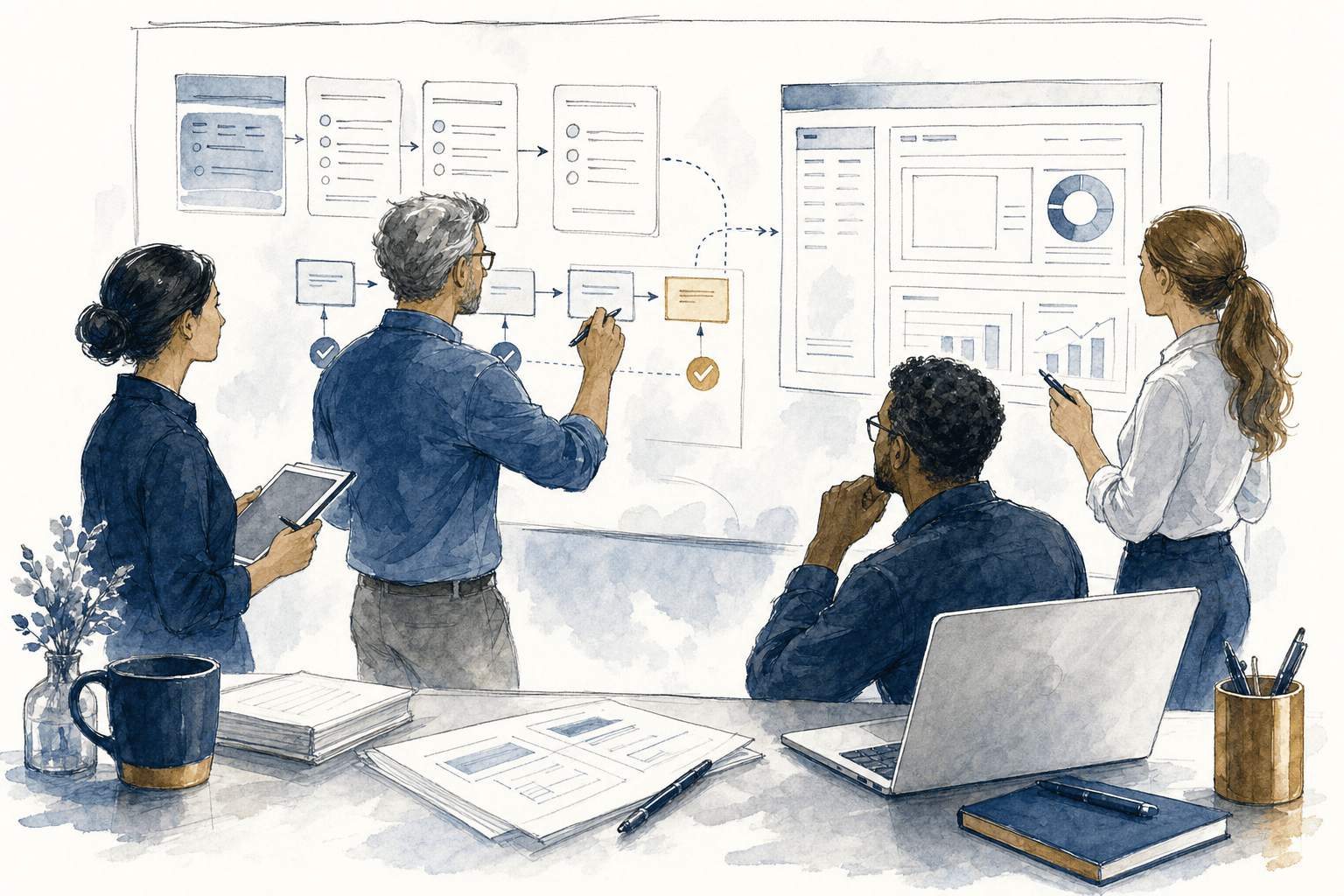 Hand-drawn service illustration of workflow automation planning