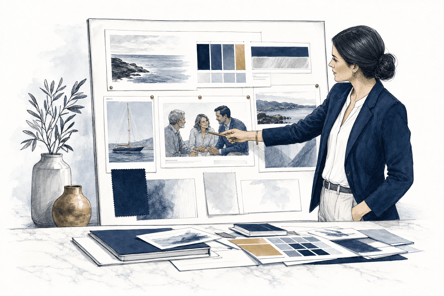 Hand-drawn service illustration of brand proof and website materials