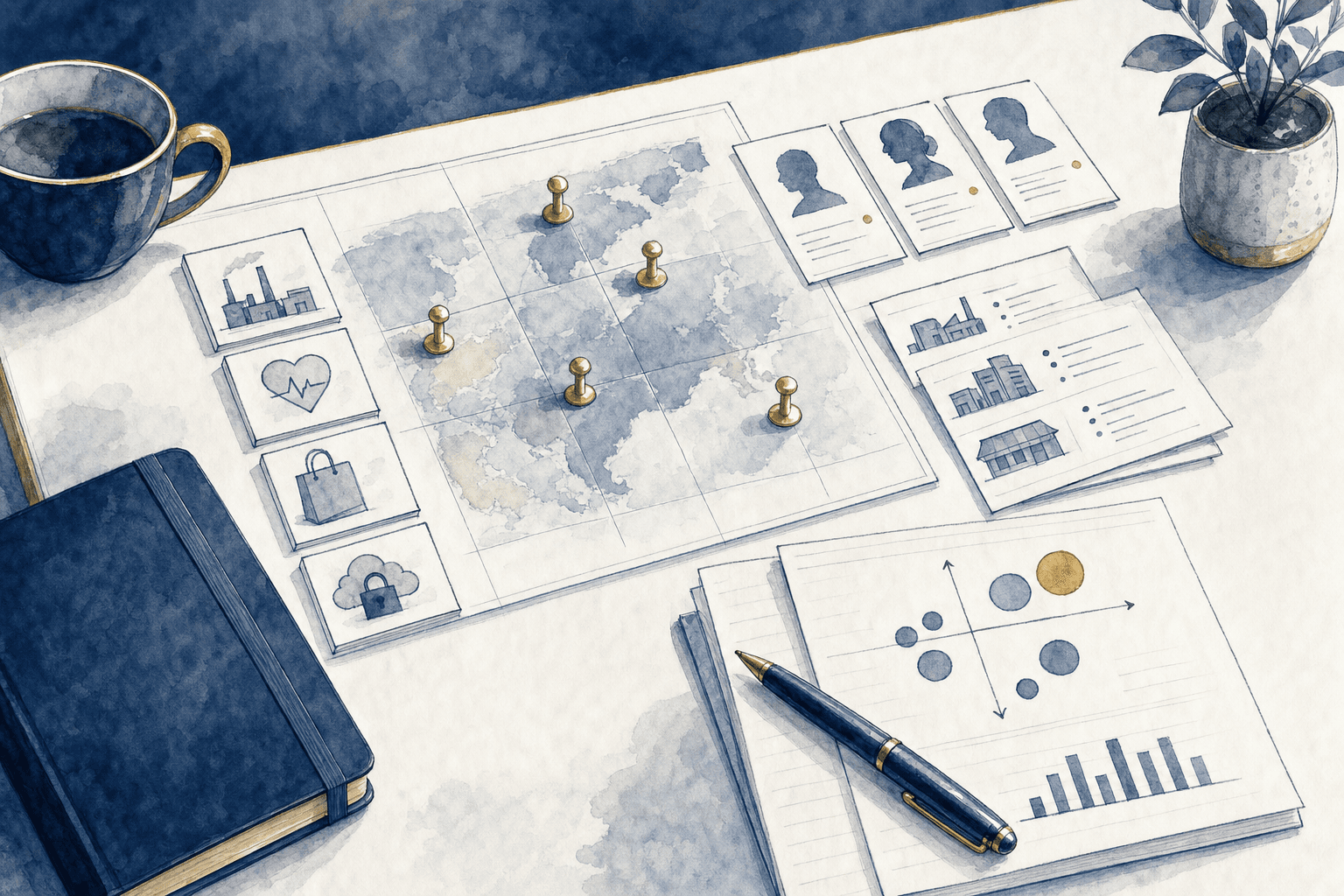 Hand-drawn service illustration of market maps and segment planning