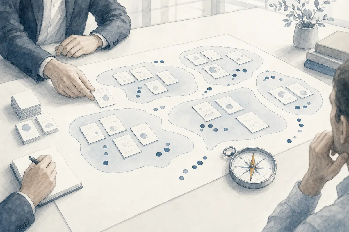 Hand-drawn illustration of buyer mapping and criteria-fit deal sourcing