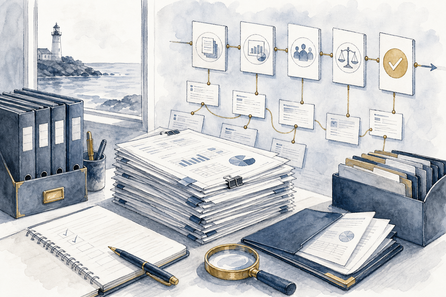 Hand-drawn illustration for the acquisition module, Post-LOI diligence