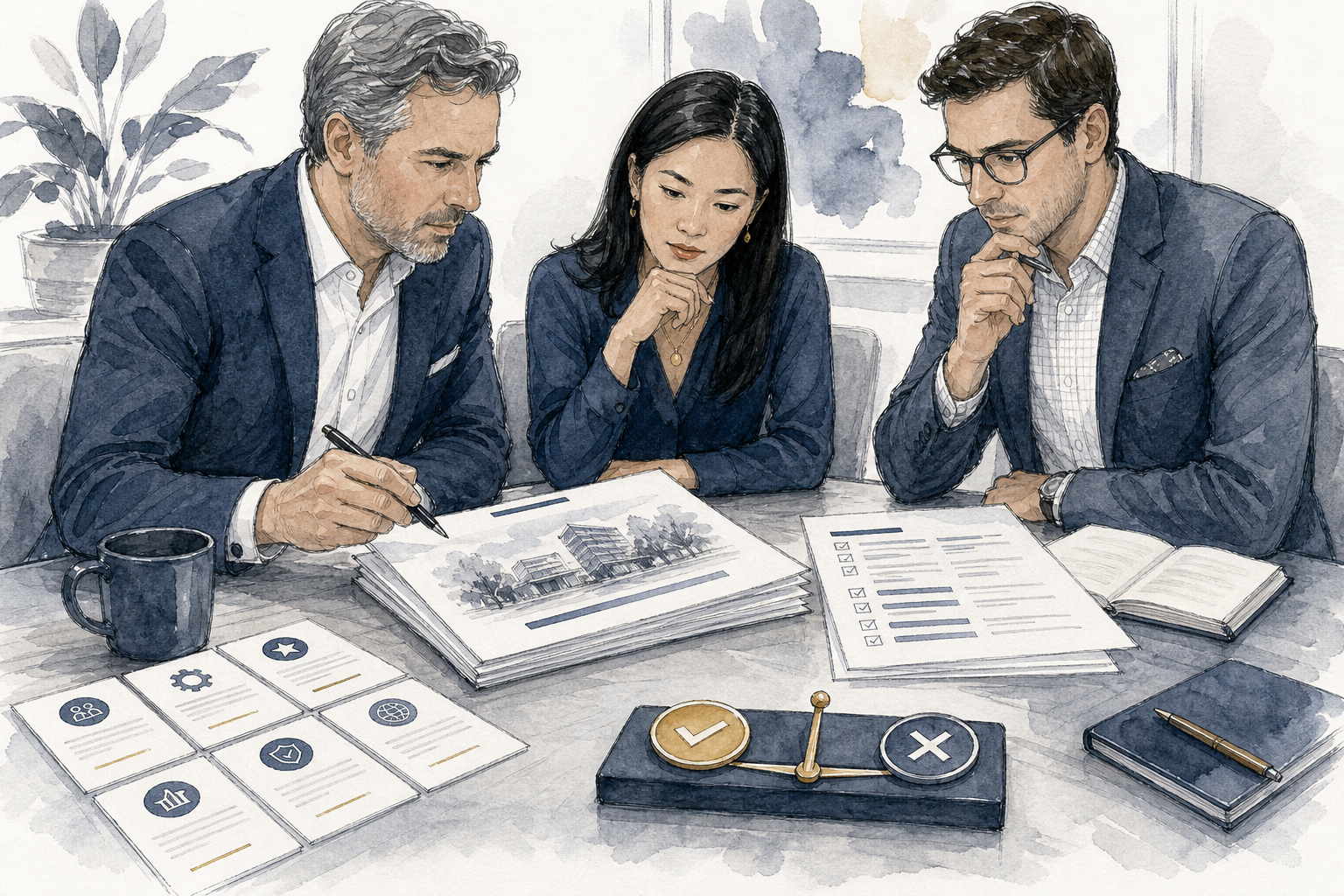 Hand-drawn illustration for the acquisition module, Pre-LOI and thesis fit