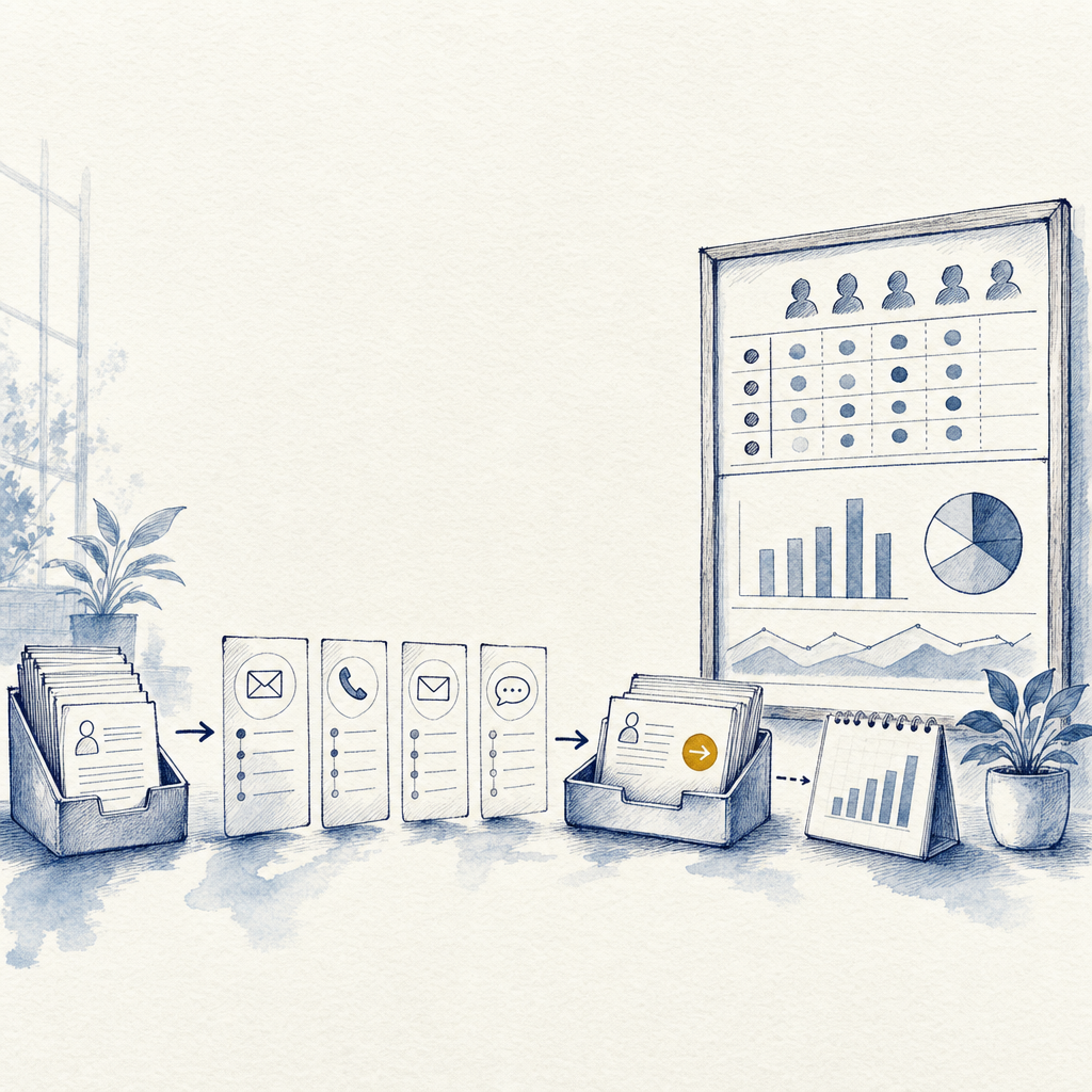 Hand-drawn illustration of an outbound campaign and nurture sequence building a pipeline