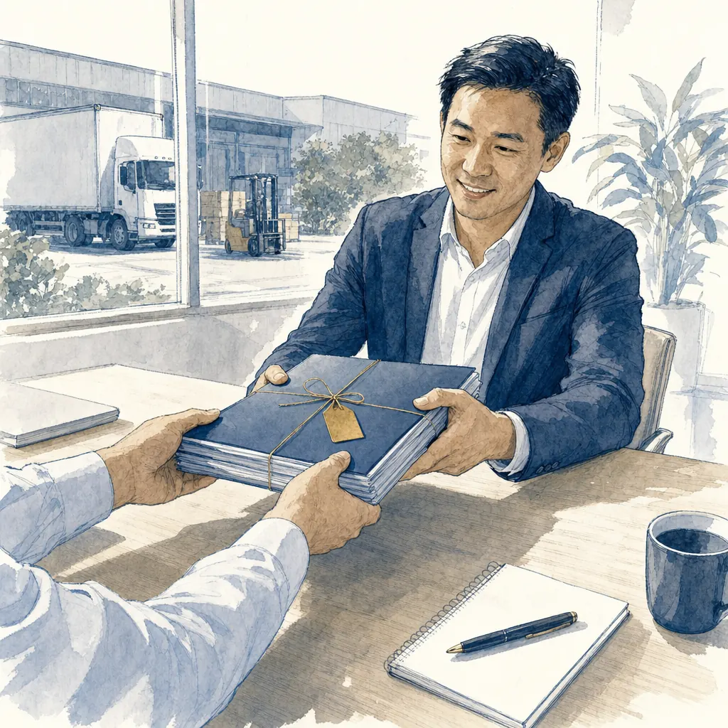 Hand-drawn deal room with organized financials, contracts, and buyer diligence materials
