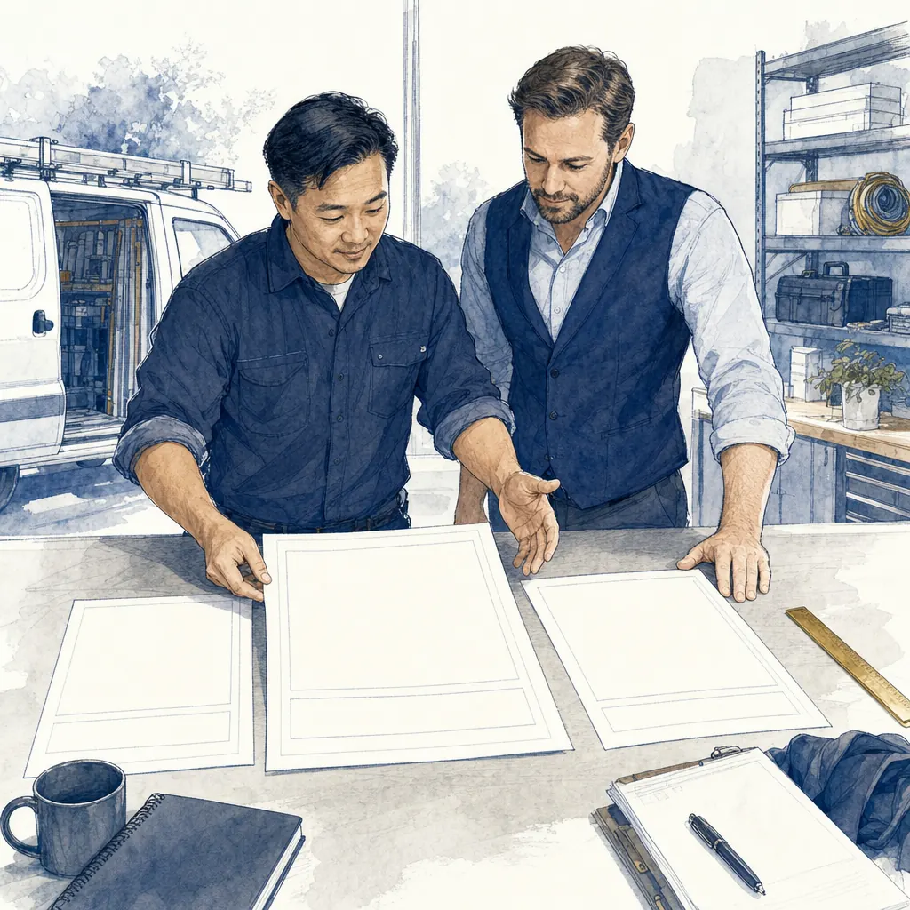 Hand-drawn service business positioning map with buyer segments, proof points, and market signals
