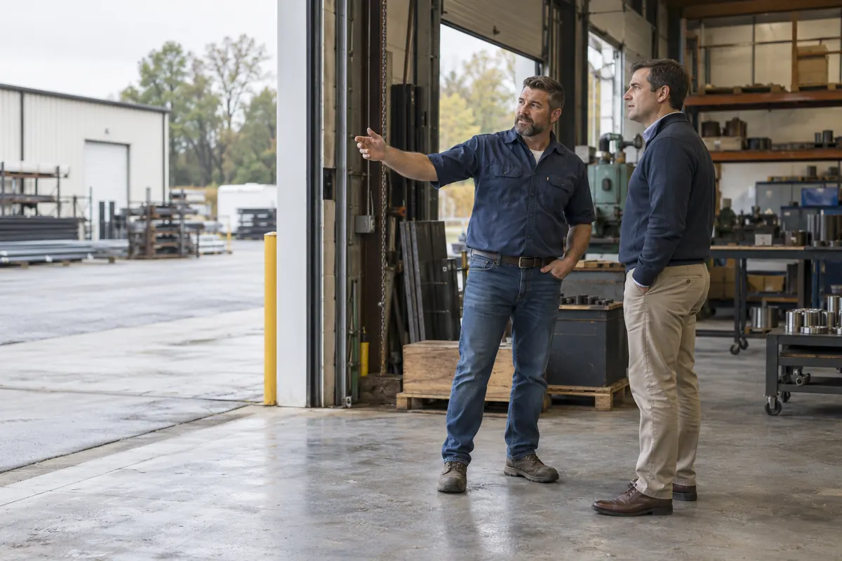 A business owner shows a potential buyer through a small industrial property