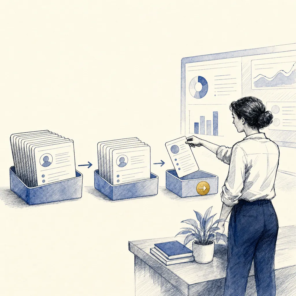 Hand-drawn illustration of a business owner reviewing customer notes before a follow-up call