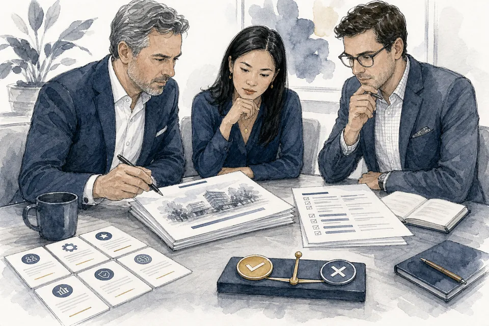Hand-drawn illustration of an acquisition team defining fit against a thesis